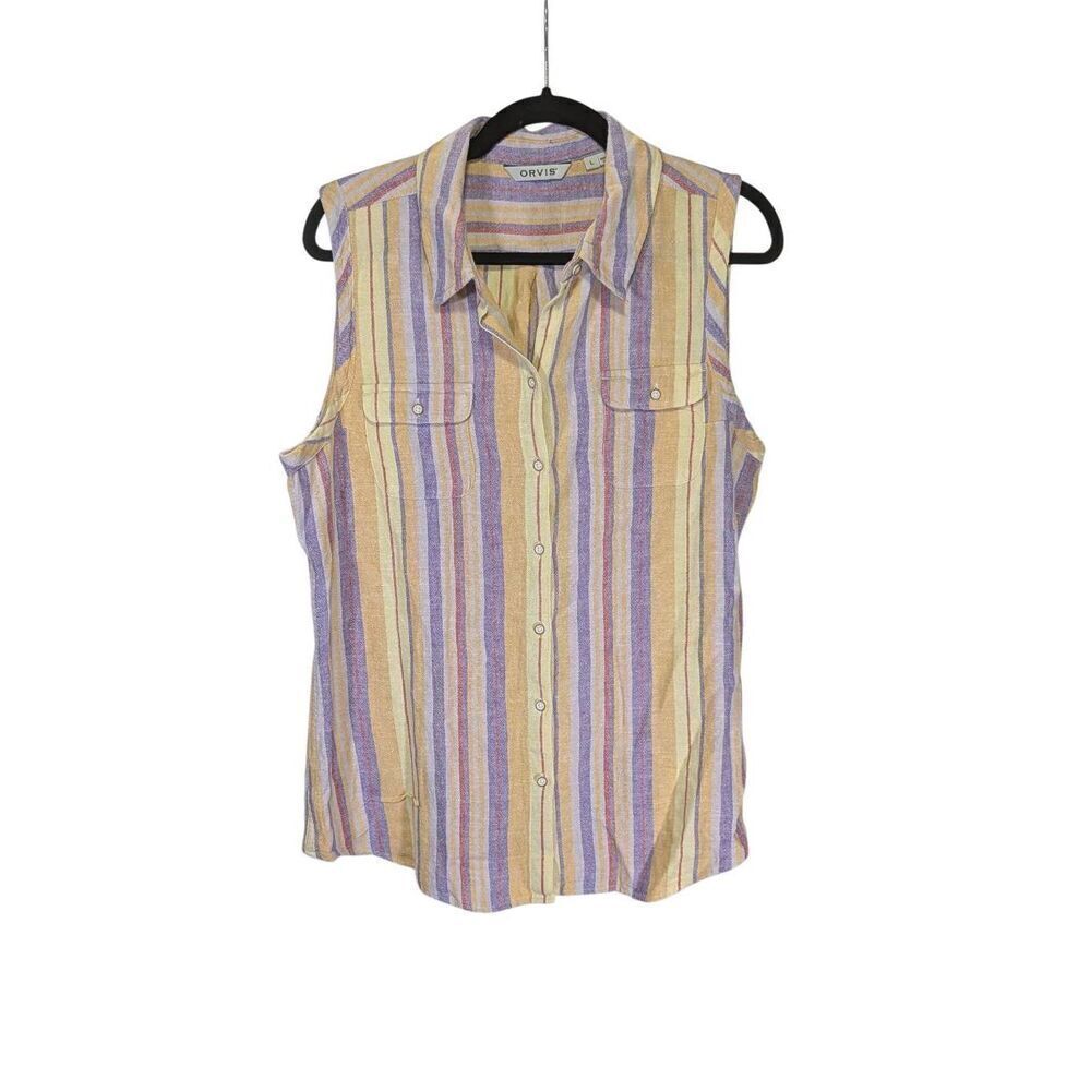 Orvis Sleeveless Button-Front Striped Blouse in Yellow and Purple